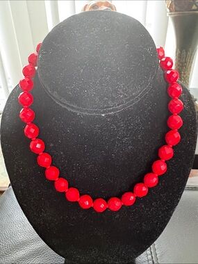 Vintage Bold Red Glass Faceted Double Knotted Necklace (1960s)